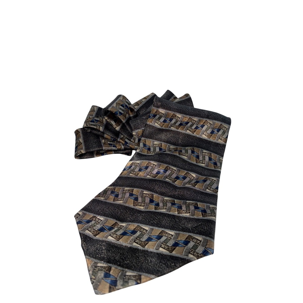 Stringbeans Mens Geometric Basketweave Striped Necktie Charcoal Bronze Blue 4in
